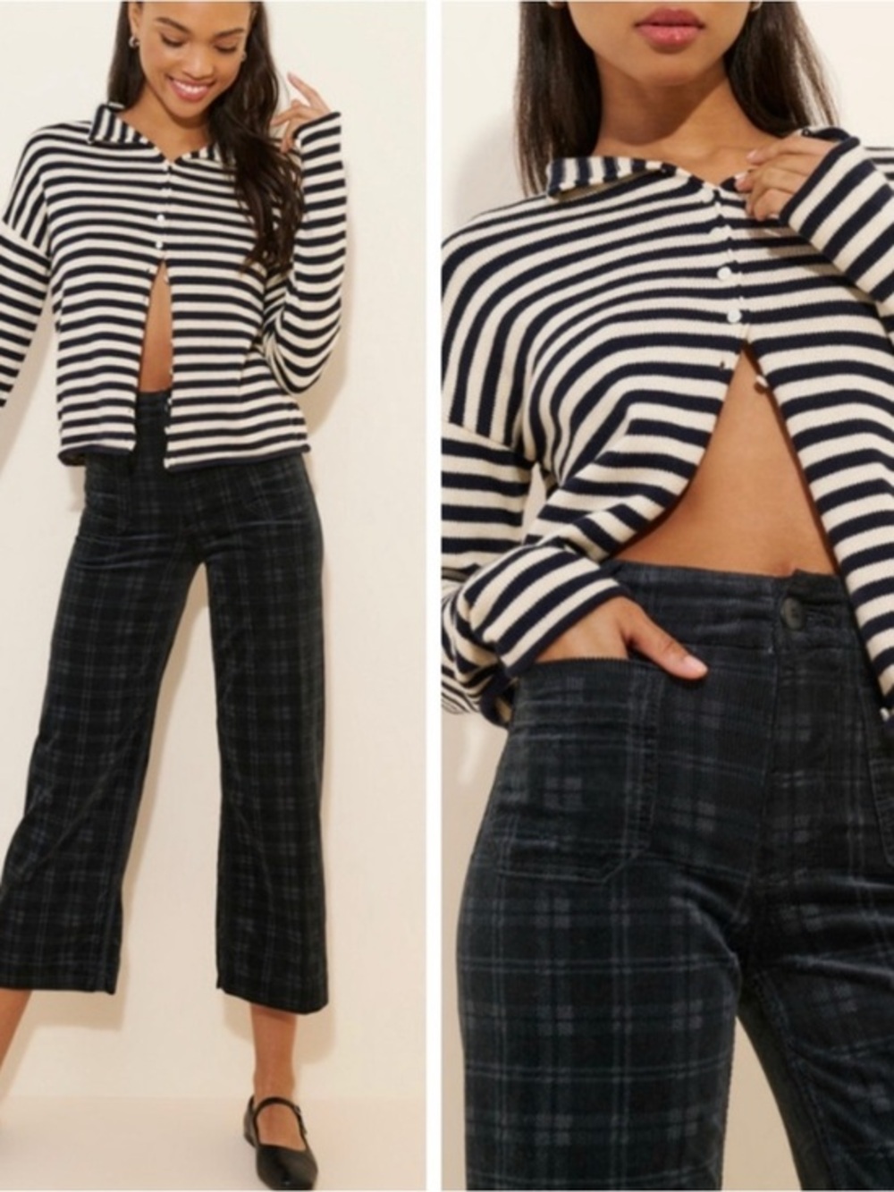 NWT Anthropologie Maeve Pants Colette Wide-Leg Cropped in Black Plaid Corduroy